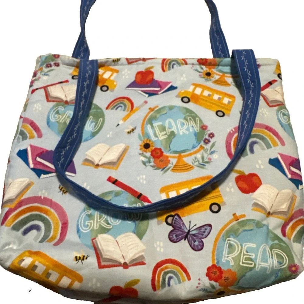 Handmade Teacher School Tote Bag Shoulder Pocket Bus Books Cotton Back To School